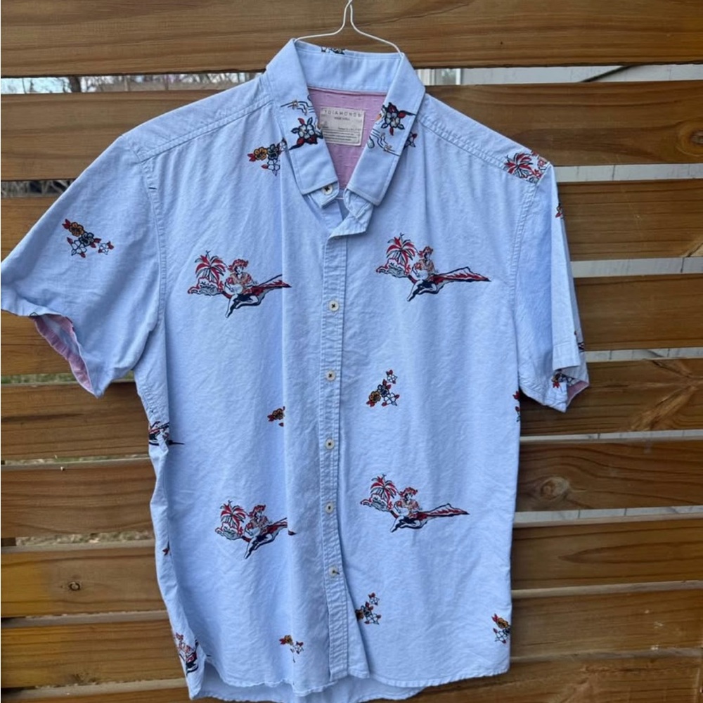 7 Diamonds Men's Light Blue Hawaiian Short Sleeve Printed Shirt